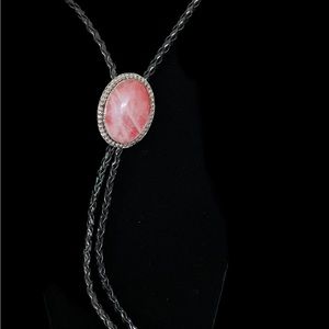 Vintage, Artisan made leather, sterling and pink genuine stone BOLO TIE.